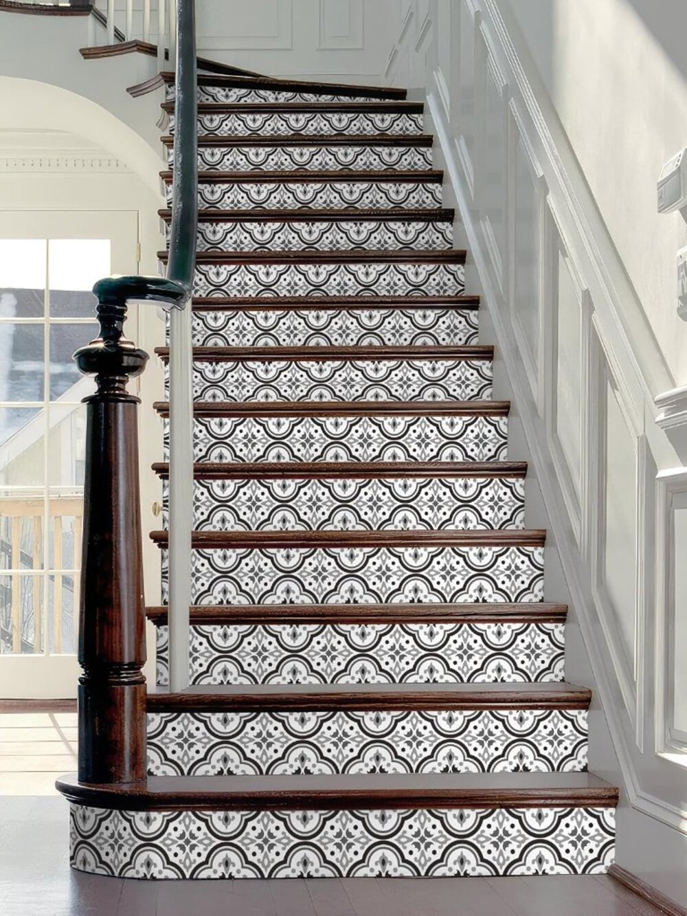 Stair Riser Decals - Black Patterns Stair Stickers Murals Peel and Stick Self-Ad